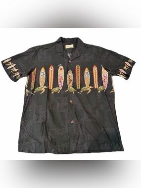 Black Short-Sleeve Surfboard & Turtle Print Button-Down Shirt